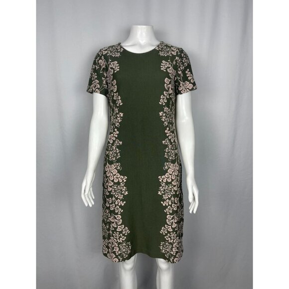 Boden Short Sleeve Sheath Floral Dress 6 Long 6L Green Zip Back Cotton Stretch - Picture 1 of 5